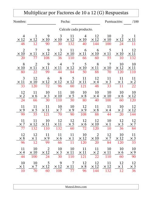 La hoja de ejercicios de Multiplicar (Factores de 1 a 12) por Factores de 10 a 12 (100 Preguntas) (G) Página 2