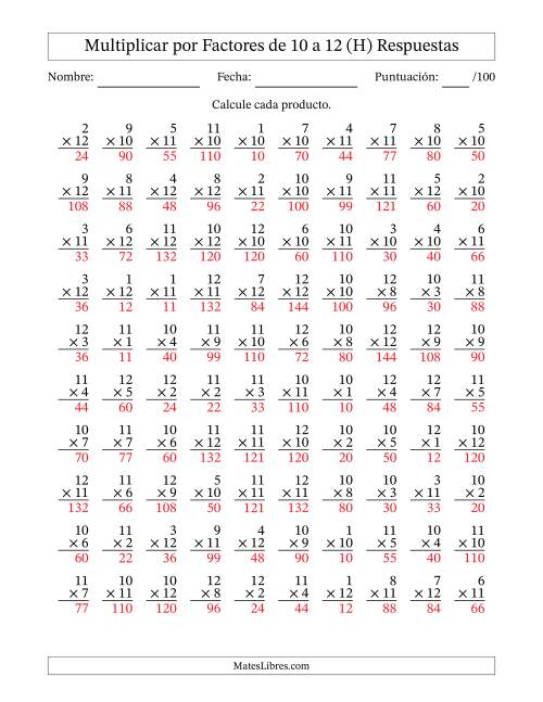 La hoja de ejercicios de Multiplicar (Factores de 1 a 12) por Factores de 10 a 12 (100 Preguntas) (H) Página 2