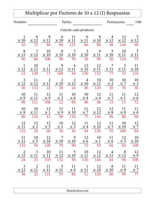 La hoja de ejercicios de Multiplicar (Factores de 1 a 12) por Factores de 10 a 12 (100 Preguntas) (I) Página 2