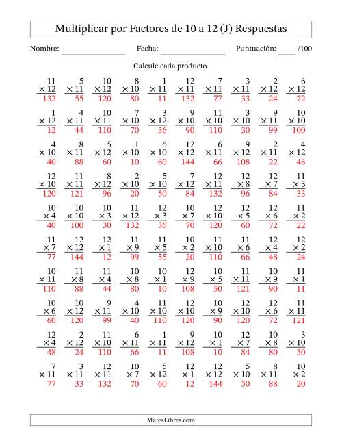 La hoja de ejercicios de Multiplicar (Factores de 1 a 12) por Factores de 10 a 12 (100 Preguntas) (J) Página 2