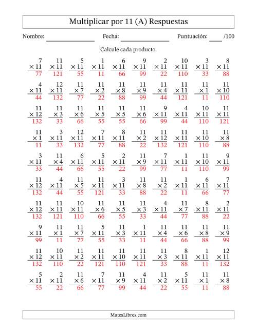 La hoja de ejercicios de Multiplicar (Factores de 1 a 12) por 11 (100 Preguntas) (A) Página 2