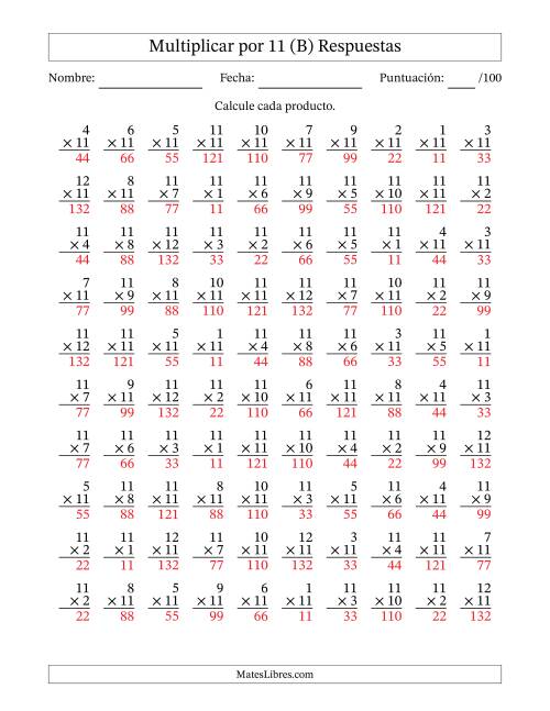 La hoja de ejercicios de Multiplicar (Factores de 1 a 12) por 11 (100 Preguntas) (B) Página 2
