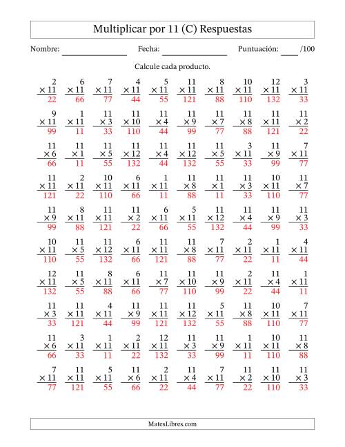 La hoja de ejercicios de Multiplicar (Factores de 1 a 12) por 11 (100 Preguntas) (C) Página 2
