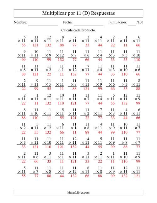 La hoja de ejercicios de Multiplicar (Factores de 1 a 12) por 11 (100 Preguntas) (D) Página 2