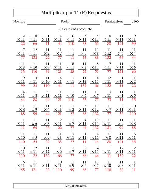 La hoja de ejercicios de Multiplicar (Factores de 1 a 12) por 11 (100 Preguntas) (E) Página 2