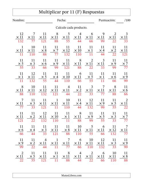 La hoja de ejercicios de Multiplicar (Factores de 1 a 12) por 11 (100 Preguntas) (F) Página 2
