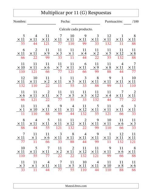 La hoja de ejercicios de Multiplicar (Factores de 1 a 12) por 11 (100 Preguntas) (G) Página 2