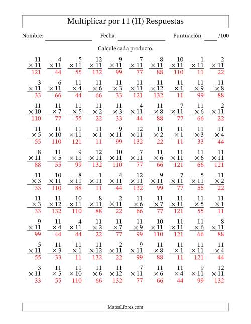 La hoja de ejercicios de Multiplicar (Factores de 1 a 12) por 11 (100 Preguntas) (H) Página 2