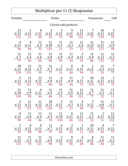 La hoja de ejercicios de Multiplicar (Factores de 1 a 12) por 11 (100 Preguntas) (I) Página 2