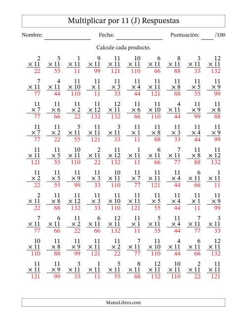 La hoja de ejercicios de Multiplicar (Factores de 1 a 12) por 11 (100 Preguntas) (J) Página 2