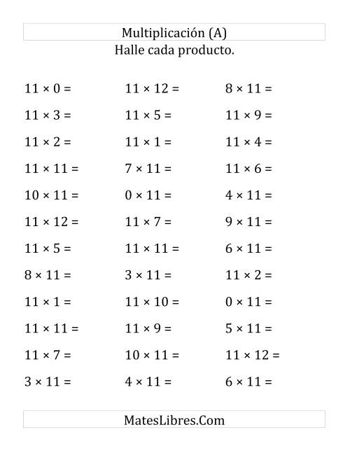 La hoja de ejercicios de Multiplicar de 1 a 12 por 11 (Grande)