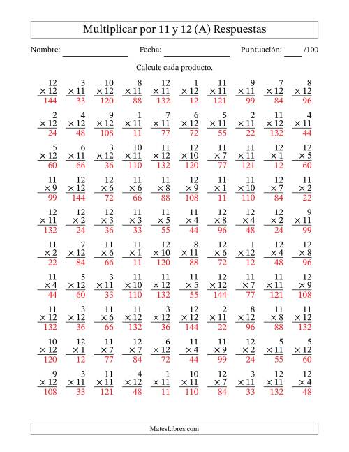 La hoja de ejercicios de Multiplicar (Factores de 1 a 12) por 11 y 12 (100 Preguntas) (A) Página 2