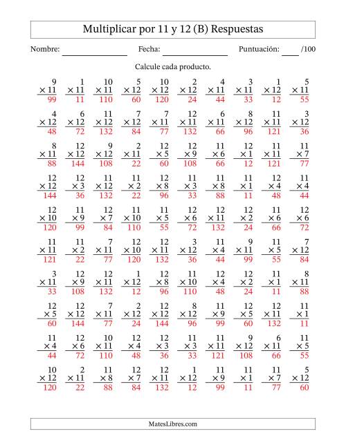 La hoja de ejercicios de Multiplicar (Factores de 1 a 12) por 11 y 12 (100 Preguntas) (B) Página 2
