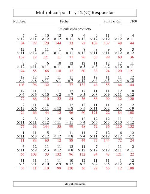 La hoja de ejercicios de Multiplicar (Factores de 1 a 12) por 11 y 12 (100 Preguntas) (C) Página 2