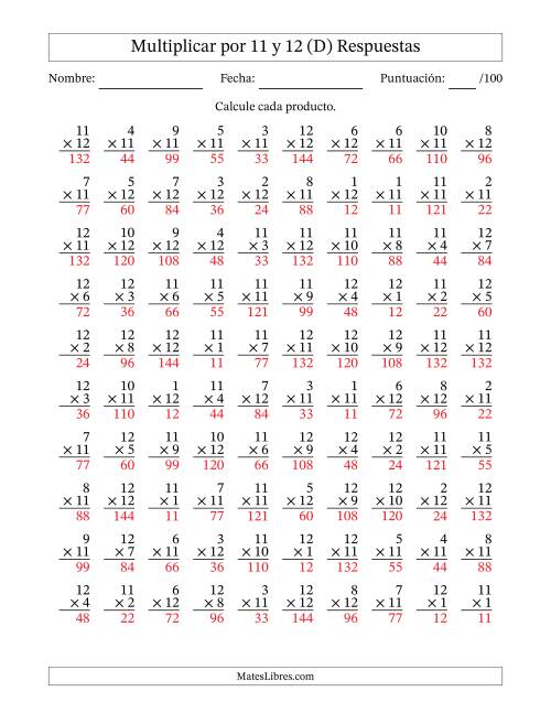 La hoja de ejercicios de Multiplicar (Factores de 1 a 12) por 11 y 12 (100 Preguntas) (D) Página 2