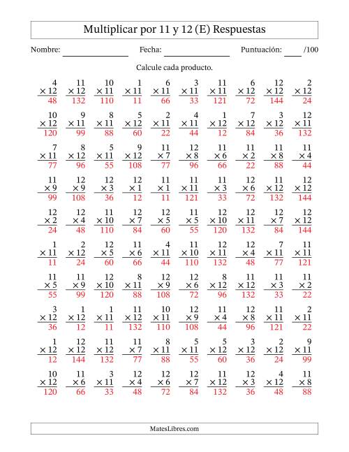 La hoja de ejercicios de Multiplicar (Factores de 1 a 12) por 11 y 12 (100 Preguntas) (E) Página 2