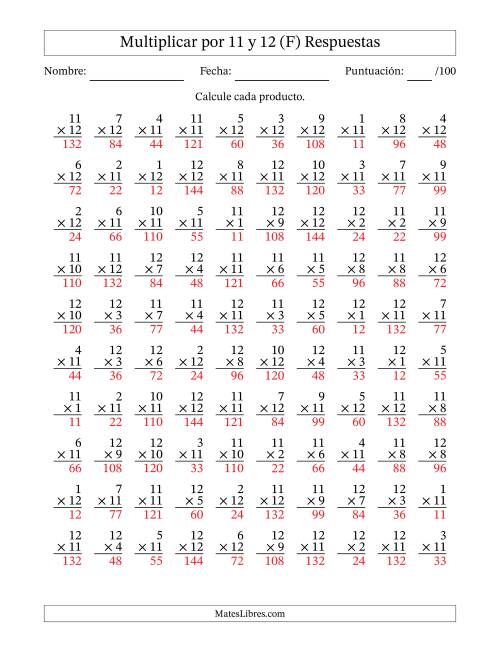 La hoja de ejercicios de Multiplicar (Factores de 1 a 12) por 11 y 12 (100 Preguntas) (F) Página 2