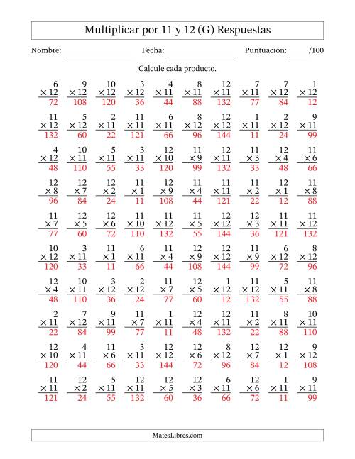 La hoja de ejercicios de Multiplicar (Factores de 1 a 12) por 11 y 12 (100 Preguntas) (G) Página 2