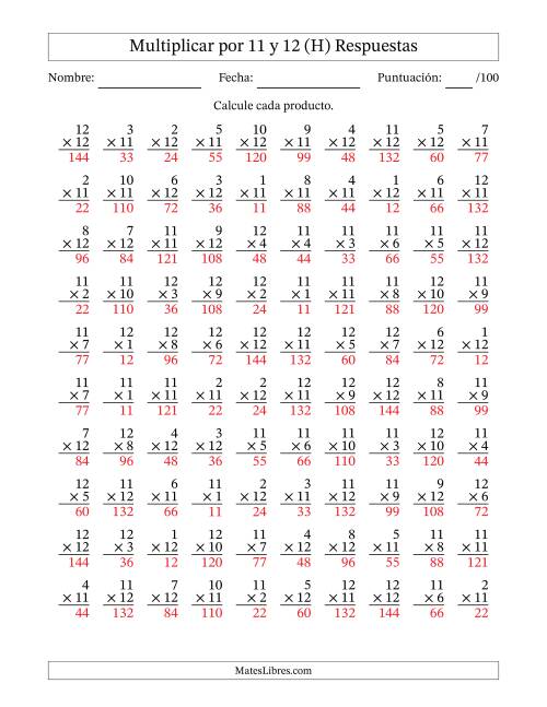 La hoja de ejercicios de Multiplicar (Factores de 1 a 12) por 11 y 12 (100 Preguntas) (H) Página 2