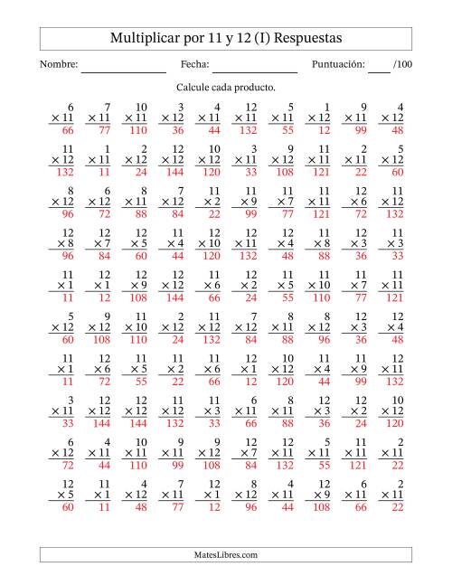 La hoja de ejercicios de Multiplicar (Factores de 1 a 12) por 11 y 12 (100 Preguntas) (I) Página 2