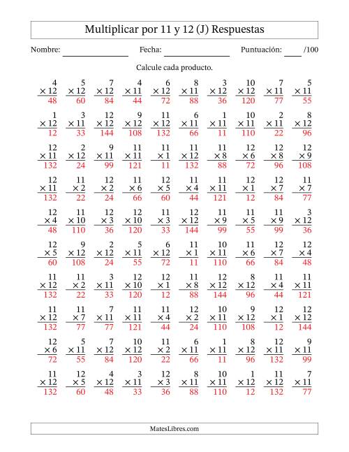 La hoja de ejercicios de Multiplicar (Factores de 1 a 12) por 11 y 12 (100 Preguntas) (J) Página 2