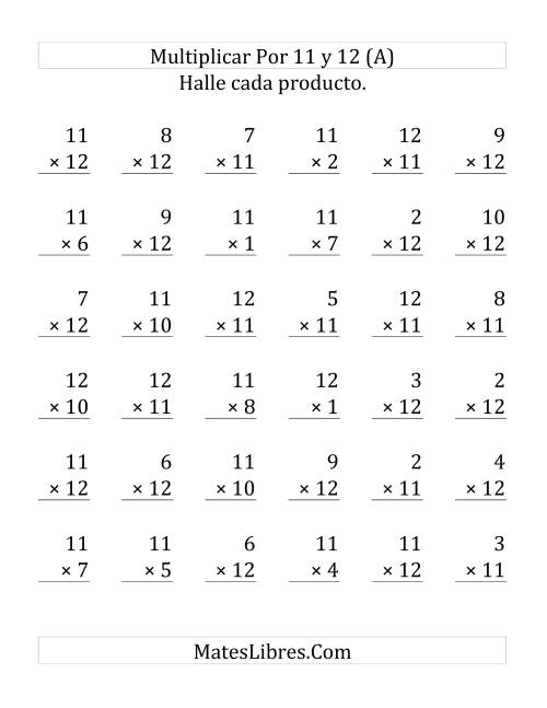 La hoja de ejercicios de Multiplicar de 1 a 12 por 11 y 12 (Grande)