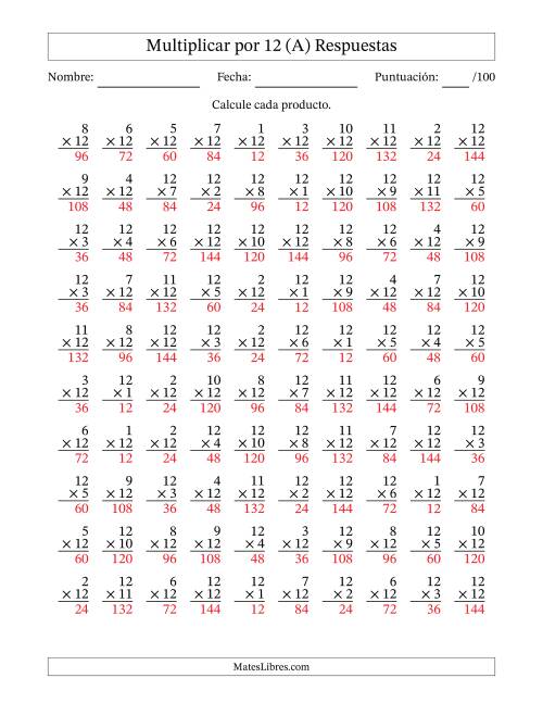 La hoja de ejercicios de Multiplicar (Factores de 1 a 12) por 12 (100 Preguntas) (A) Página 2