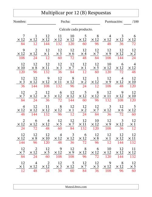 La hoja de ejercicios de Multiplicar (Factores de 1 a 12) por 12 (100 Preguntas) (B) Página 2