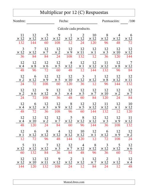 La hoja de ejercicios de Multiplicar (Factores de 1 a 12) por 12 (100 Preguntas) (C) Página 2