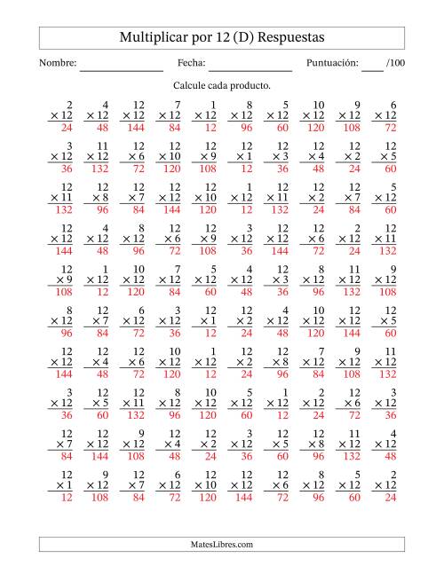 La hoja de ejercicios de Multiplicar (Factores de 1 a 12) por 12 (100 Preguntas) (D) Página 2