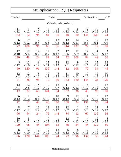 La hoja de ejercicios de Multiplicar (Factores de 1 a 12) por 12 (100 Preguntas) (E) Página 2