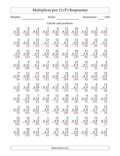La hoja de ejercicios de Multiplicar (Factores de 1 a 12) por 12 (100 Preguntas) (F) Página 2
