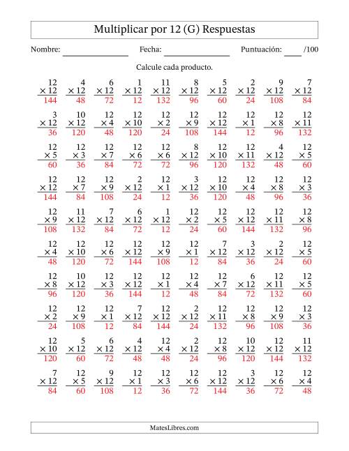 La hoja de ejercicios de Multiplicar (Factores de 1 a 12) por 12 (100 Preguntas) (G) Página 2
