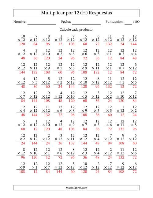 La hoja de ejercicios de Multiplicar (Factores de 1 a 12) por 12 (100 Preguntas) (H) Página 2