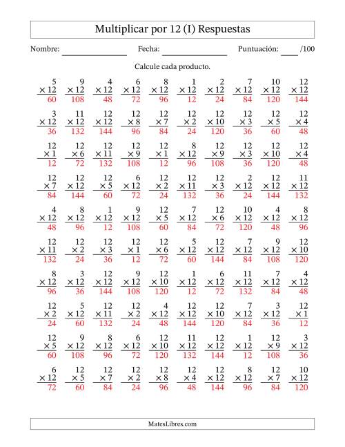 La hoja de ejercicios de Multiplicar (Factores de 1 a 12) por 12 (100 Preguntas) (I) Página 2