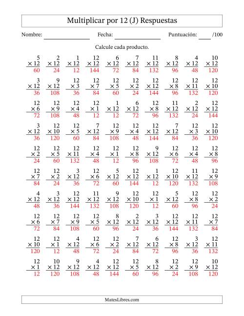 La hoja de ejercicios de Multiplicar (Factores de 1 a 12) por 12 (100 Preguntas) (J) Página 2