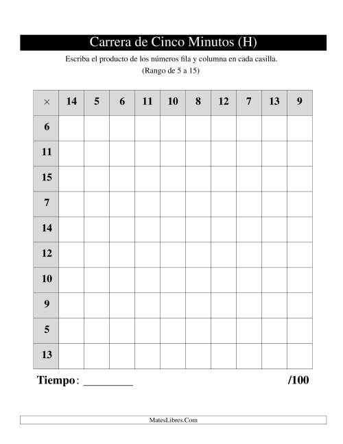 La hoja de ejercicios de Tablas de Carrera de Cinco Minutos, de 5 a 15, 1 por Página (H)