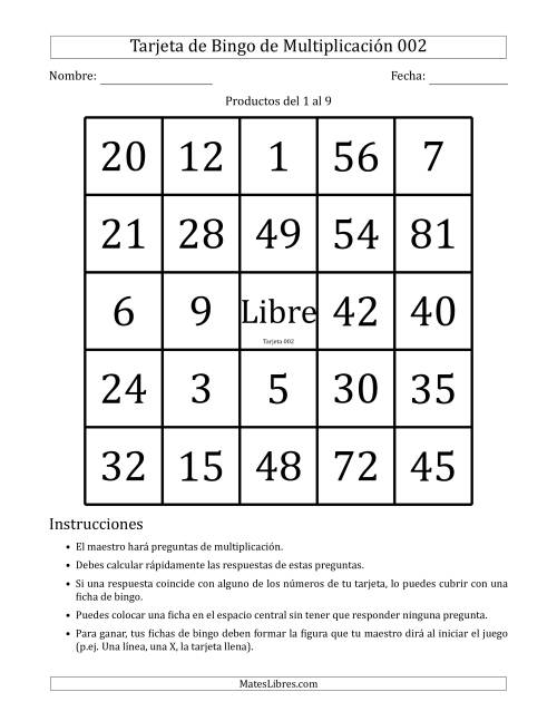 La hoja de ejercicios de Tarjetas de Bingo de Multiplicación para Productos del 1 al 9 (Tarjetas 001 to 010) (A) Página 2