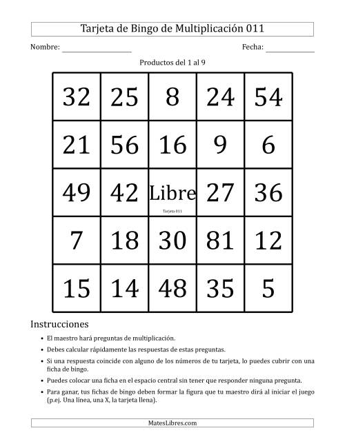 La hoja de ejercicios de Tarjetas de Bingo de Multiplicación para Productos del 1 al 9 (Tarjetas 011 to 020) (B)