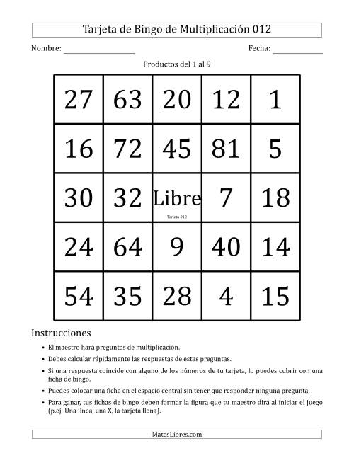 La hoja de ejercicios de Tarjetas de Bingo de Multiplicación para Productos del 1 al 9 (Tarjetas 011 to 020) (B) Página 2