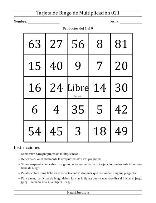 La hoja de ejercicios de Tarjetas de Bingo de Multiplicación para Productos del 1 al 9 (Tarjetas 021 to 030) (C)