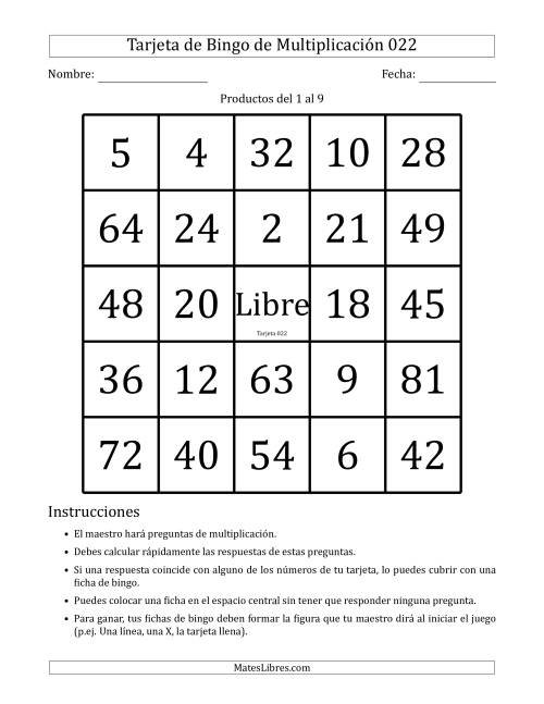 La hoja de ejercicios de Tarjetas de Bingo de Multiplicación para Productos del 1 al 9 (Tarjetas 021 to 030) (C) Página 2