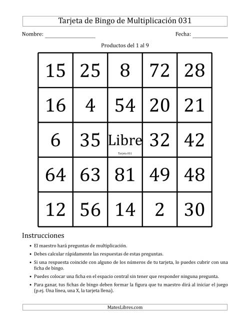 La hoja de ejercicios de Tarjetas de Bingo de Multiplicación para Productos del 1 al 9 (Tarjetas 031 to 040) (D)
