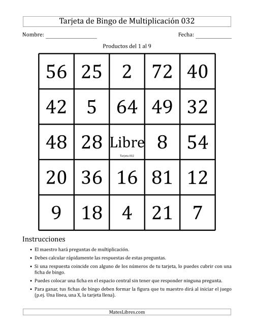 La hoja de ejercicios de Tarjetas de Bingo de Multiplicación para Productos del 1 al 9 (Tarjetas 031 to 040) (D) Página 2
