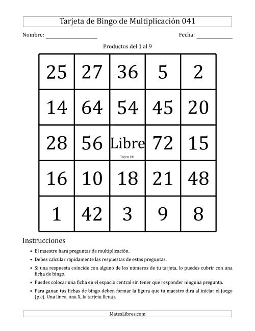 La hoja de ejercicios de Tarjetas de Bingo de Multiplicación para Productos del 1 al 9 (Tarjetas 041 to 050) (E)