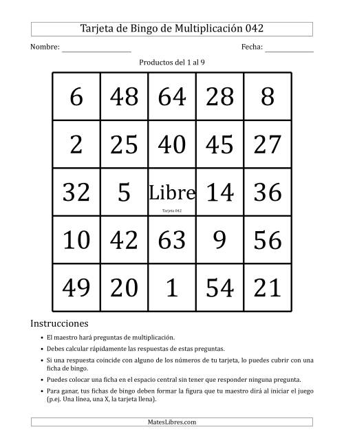 La hoja de ejercicios de Tarjetas de Bingo de Multiplicación para Productos del 1 al 9 (Tarjetas 041 to 050) (E) Página 2