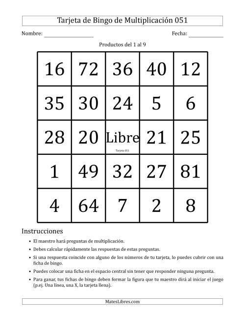 La hoja de ejercicios de Tarjetas de Bingo de Multiplicación para Productos del 1 al 9 (Tarjetas 051 to 060) (F)