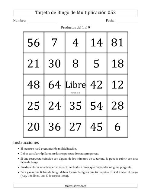 La hoja de ejercicios de Tarjetas de Bingo de Multiplicación para Productos del 1 al 9 (Tarjetas 051 to 060) (F) Página 2