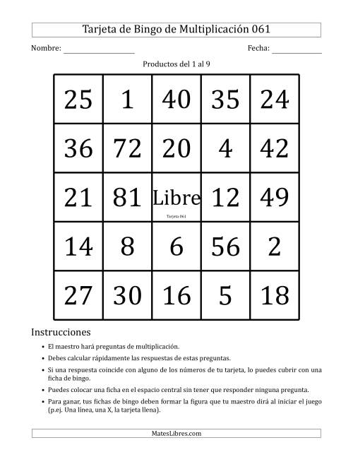 La hoja de ejercicios de Tarjetas de Bingo de Multiplicación para Productos del 1 al 9 (Tarjetas 061 to 070) (G)