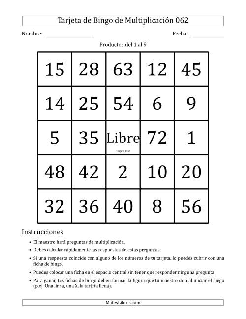 La hoja de ejercicios de Tarjetas de Bingo de Multiplicación para Productos del 1 al 9 (Tarjetas 061 to 070) (G) Página 2